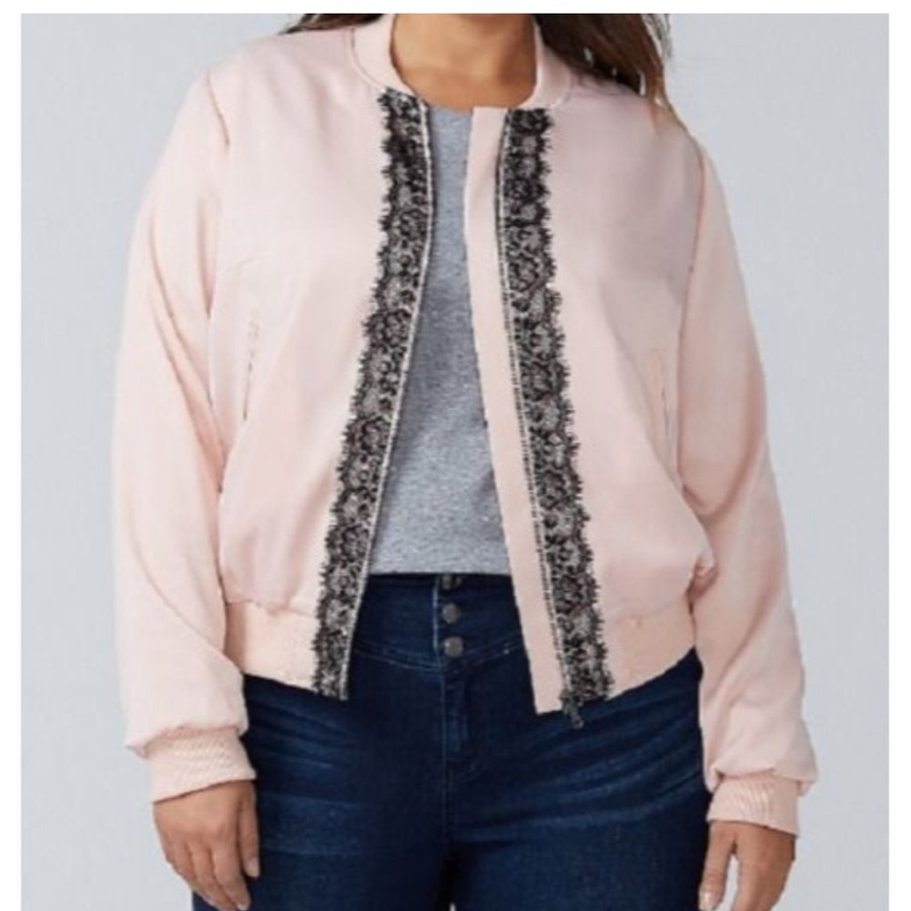 Lane Bryant Pink Black Lace Zip Up Satin Jacket Size 22/24